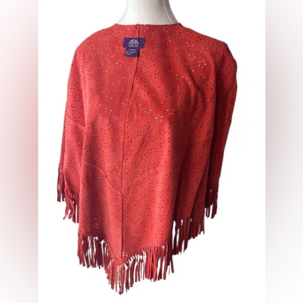 Vintage Suede Fringe Cape Orange Coral Cut Out Leather Shawl Jacket Boho Retro - Picture 11 of 12